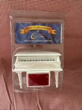 Classic White Dollhouse Piano with Red Bench miniature Mini Collectibles